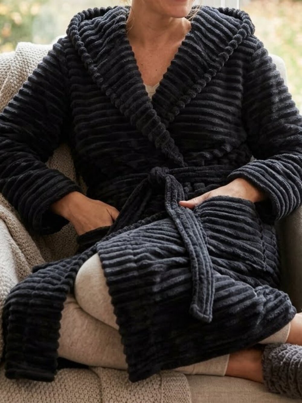 Denver Hayes Men's Women's Size XL Plush Ribbed Unisex Bathrobe Blue Hooded